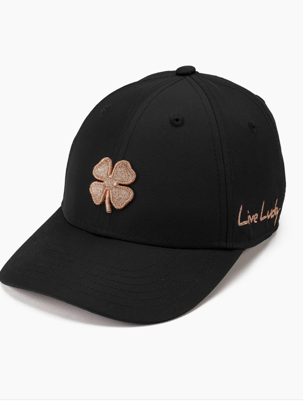 Black Clover Live Lucky Golf/Baseball Hat w/ Rose Gold Clover Embroidered Emblem